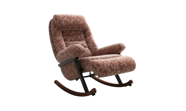 Upholstered reclining rocking chair with padded arms and floral-patterned brown fabric on wooden rockers.