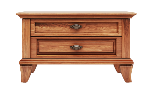 A two-drawer wooden nightstand with decorative paneling, tapered legs, and metal pull handles showcasing warm oak grain and a polished finish.