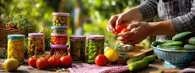 Hands arranging fresh tomatoes and vegetables for jarring and preserving outdoors
