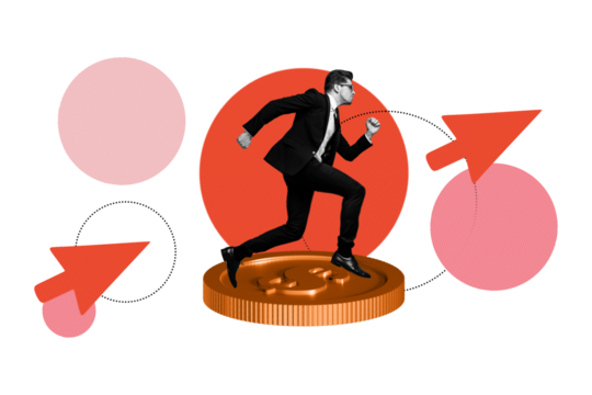 Sketch poster trend art collage of serious businessman run arrow cursor pointer golden coin dollar income bank savings profit