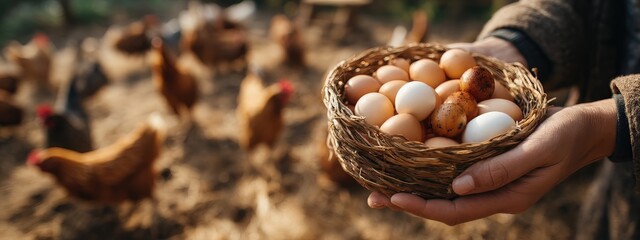 Farmer's hands holding a wicker basket of fresh, free-range eggs with chickens in the background