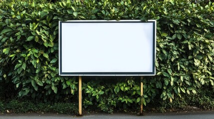Fototapeta premium A Blank White Sign Surrounded by Lush Greenery Ready for Advertisements on a Bright Sunny Day
