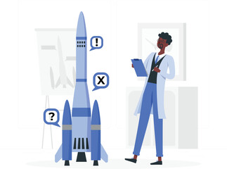 Scientist with Rocket Model and Question Marks and Exclamation Points research