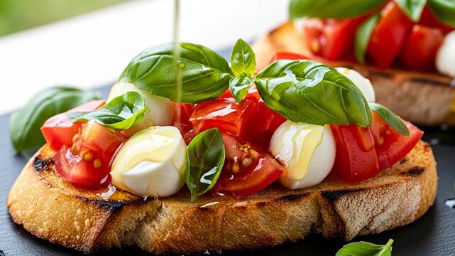 Fresh bruschetta with tomato, basil, mozzarella, drizzled with olive oil
