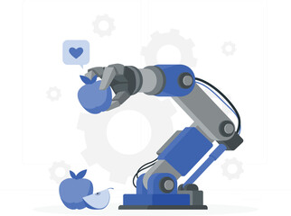Robotic arm holding a blue apple with a heart icon and gears in the background Keywords: robot, arm, robotic, arm, mechanical, technology, automation, industry, manufacturing, artificial