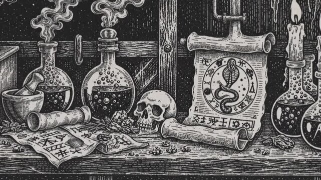 Alchemy Lab Still Life with Skull and Potions.