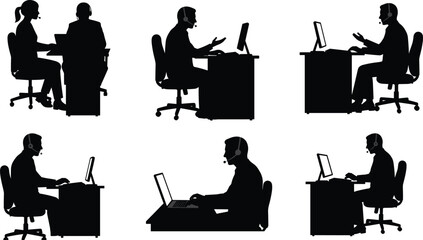 Silhouette customer service workers, headset communication, office desk scene, remote support, call center team, tech help, business interaction, workplace