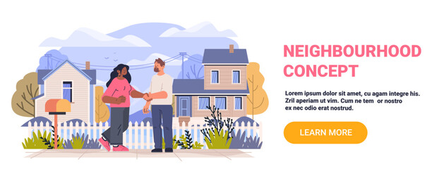 Neighbourhood concept people shaking hands friendly community suburban houses picket fence greenery outdoor scene website banner