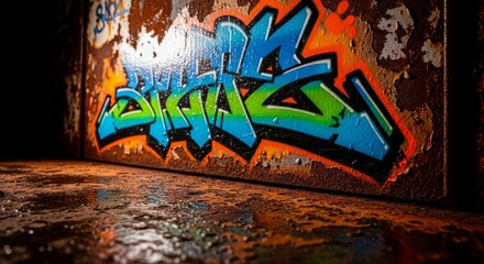 Obraz premium Vibrant Blue and Orange Graffiti Art on a Rusty Metal Wall in an Urban Setting with Dramatic Lighting and Dark Background