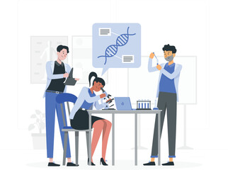 Scientists in Lab Examining DNA Structure with Microscope and Test Tubes laboratory research