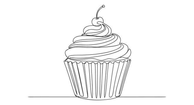 Delicious cupcake drawn with one continuous line art, a sweet treat illustration, perfect for bakery branding and dessert menus with minimal aesthetic