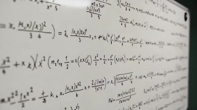 Math formulas on whiteboard in classroom. Algebra and calculus problems for school lesson, exam board filled with complex formulas and handwritten equations