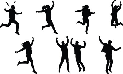 Silhouette people jumping, joyful pose, celebration energy, freedom movement, happiness expression, dynamic action, excitement, success leap, emotional release, motion