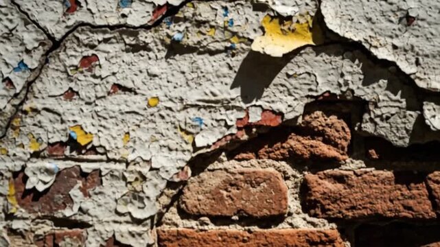Close up of old weathered brick wall with peeling paint and cracks.