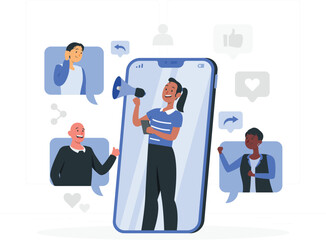 Social media concept with people interacting through a smartphone screen vector illustration