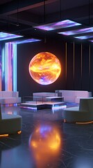 natural daylight portrait Futuristic Lounge with Neon Art Light Installation and Modern Decor advertising banner concept