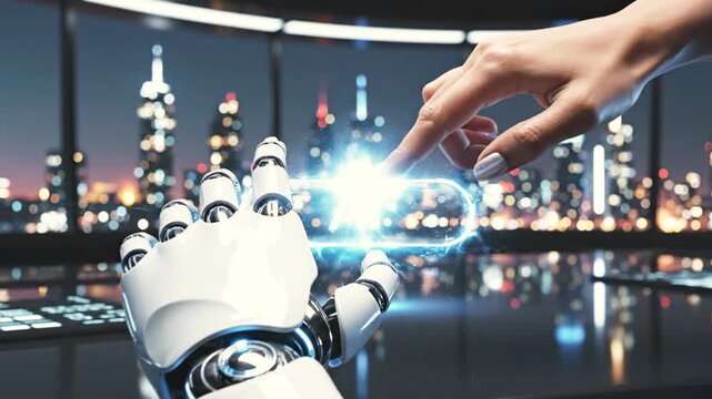 A human hand interacts with AI text displayed on a glowing button held by a robotic hand, with city lights in background