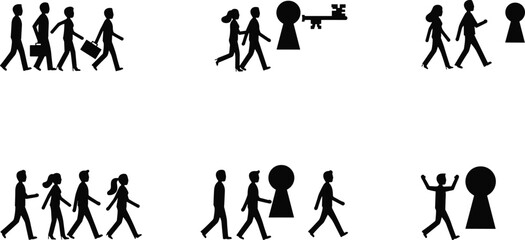 Silhouette people walking toward keyhole, access concept, opportunity path, business metaphor, unlocking future, career journey, transition, success symbol