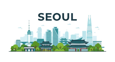 Obraz premium Seoul City Skyline with Traditional Korean Palaces and Modern Skyscrapers