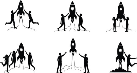 Obraz premium Silhouette rocket launch teamwork, innovation celebration, startup energy, project success, aspiration moment, collaboration, achievement, progress, excitement, future vision