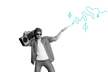 Composite photo collage of happy hipster man hold boombox recorder retro weekend party occasion isolated on painted background