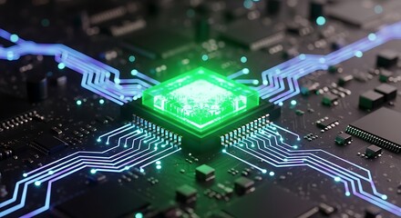 Closeup of a glowing green central processing unit cpu on a circuit board with illuminated blue data pathways, representing advanced technology and digital connectivity