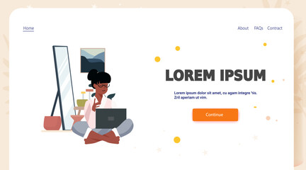 Woman working laptop home interior modern workspace plants mirror wall art website landing page template