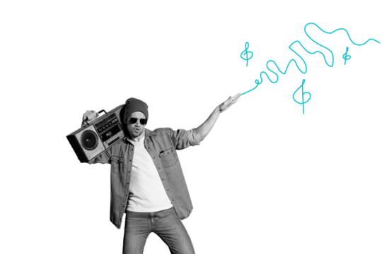 Composite photo collage of happy hipster man hold boombox recorder retro weekend party occasion isolated on painted background