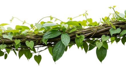 Lush green vine with heart-shaped leaves on a branch isolated on a transparent background