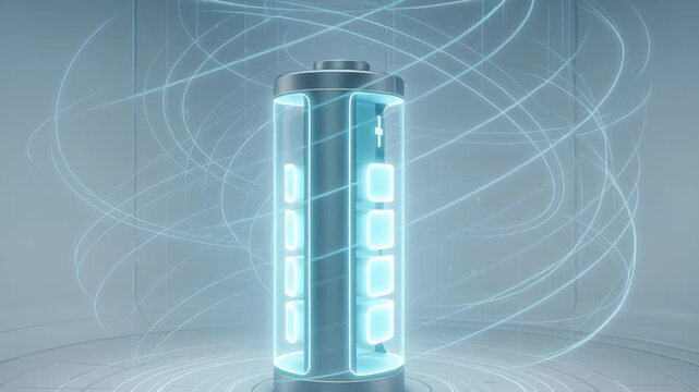 Battery technology advancements power futuristic energy storage with glowing blue light and digital interface featuring energy waves in modern high tech environment innovation efficiency