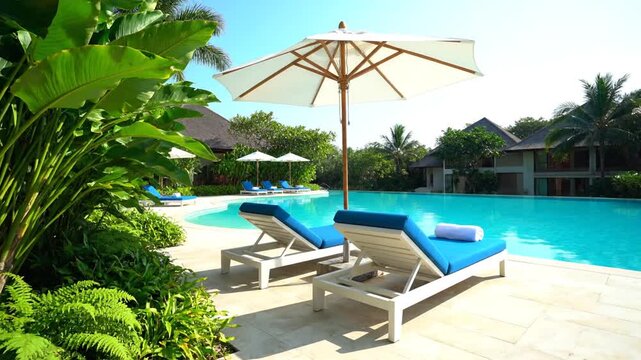 Dynamic Tropical Resort Poolside Oasis: Serene Luxury Vacation Scene with Lush Greenery