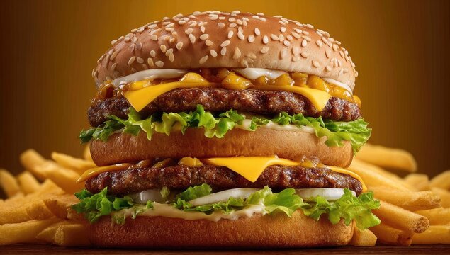 Double patty burger with fries, cheese, and lettuce