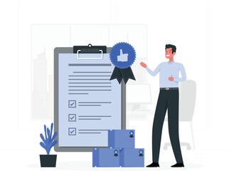 Man showing a completed checklist with a thumbs up award and boxes done task