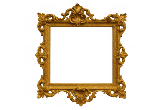 Gold ornate vintage baroque picture frame with empty space, antique style decorative moulding, transparent background
