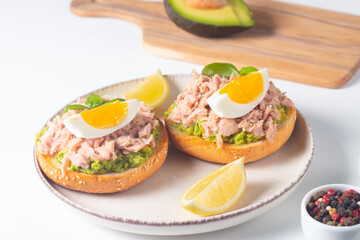 Two delicious tuna open sandwiches with avocado and boiled eggs. Tuna toast.
