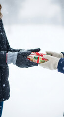 Gift exchange during snowy winter day showing the spirit of Christmas