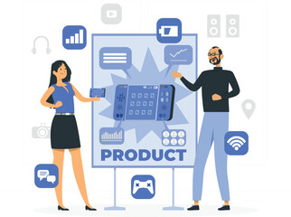 Team presenting a new product with digital icons and features presentation people