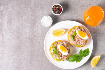 Two delicious tuna open sandwiches with avocado and boiled eggs. Tuna toast.