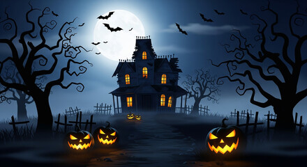 Spooky Halloween night landscape with a haunted house, glowing full moon, flying bats, bare trees, and carved jack-o’-lantern pumpkins glowing in the dark. The scene is set under a blue night sky.