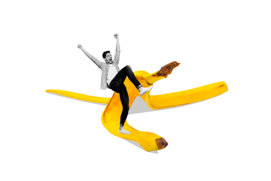 Photo collage image young cheerful man falling banana peel joke floor celebrate victory winner success positive mood fruit