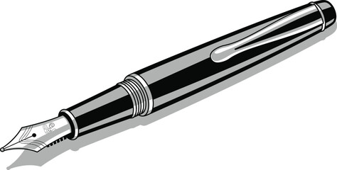 Classic black fountain pen with silver clip and nib detailed illustration isolated on transparent background