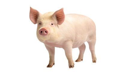 A cute piglet standing isolated on transparent background, looking at the camera with its pink nose and ears, and its white skin