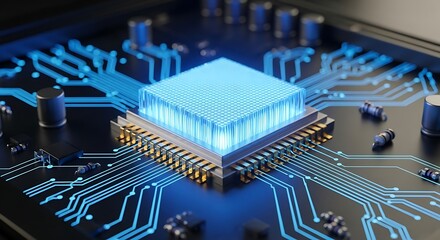 Detailed view of a luminous blue central processing unit cpu on a complex circuit board, with intricate blue light trails symbolizing data flow and advanced computing