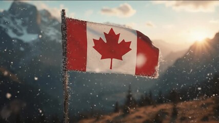 A Canadian flag waves in strong wind as snow falls in a mountainous landscape with a scenic sunrise casting warm light on the rugged peaks in the background
