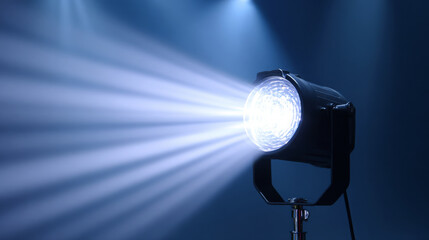 Spotlight illuminating a dark stage with beams of light creating dramatic atmosphere, enhancing visual storytelling in performance art and theatrical presentations
