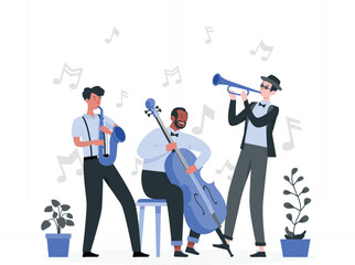 Three musicians playing saxophone, cello, and trumpet with musical notes in the background band jazz