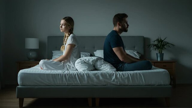 Couple sitting apart on bed at night. Man and woman after argument, silence in bedroom, relationship problems, emotional distance and no communication