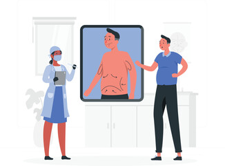 Doctor showing patient a diagram of surgical markings on a man's torso during consultation medical surgery