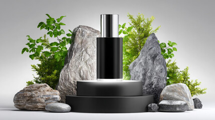 Black perfume bottle elegantly displayed on a circular pedestal surrounded by natural stones and lush greenery, creating a serene and sophisticated ambiance for fragrance promotion