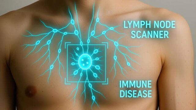 Lymph node scanner medical technology visualizes immune system disease detection on chest with glowing blue network highlighting lymphatic system for advanced medical health care diagnosis
